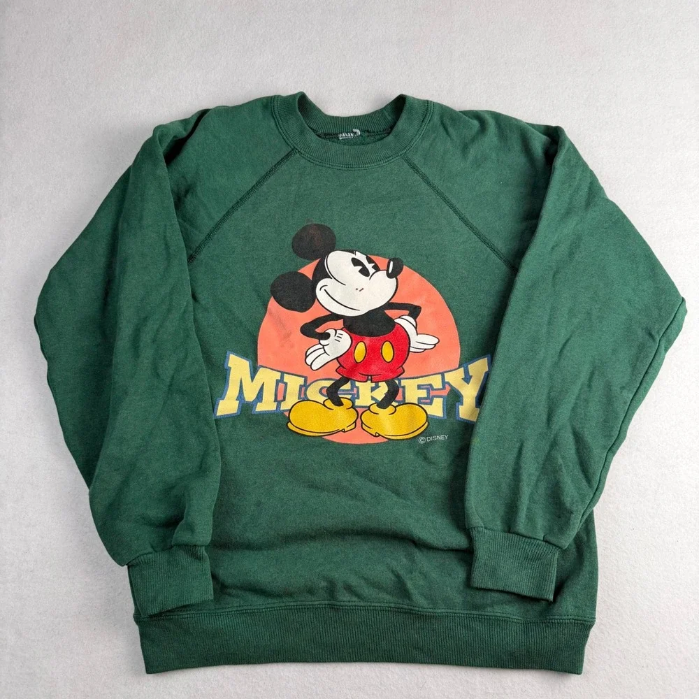 Vintage 80s Mickey Mouse Kids Green Raglan Sweatshirt Disney Graphic Pullover